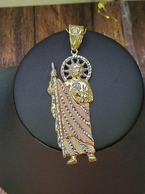 10K Solid Real Tri Color Gold Saint Jude Pendant Charm with Box Chain