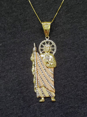 10K Solid Real Tri Color Gold Saint Jude Pendant Charm with Box Chain