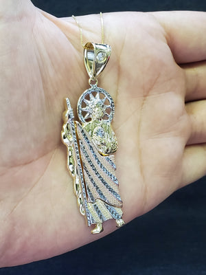 10K Solid Real Tri Color Gold Saint Jude Pendant Charm with Box Chain