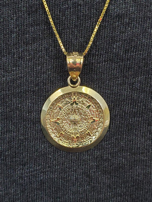 10K Solid Real Yellow Gold Mexican Aztec Calendar Pendant Charm with Box Chain