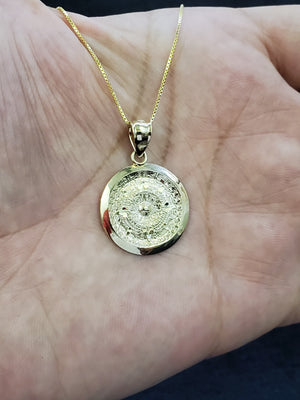 10K Solid Real Yellow Gold Mexican Aztec Calendar Pendant Charm with Box Chain