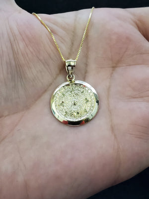 10K Solid Real Yellow Gold Mexican Aztec Calendar Pendant Charm with Box Chain