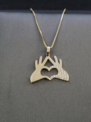 10K Solid Real Yellow Gold Cz Heart in Hands Pendant Charm with Box Chain