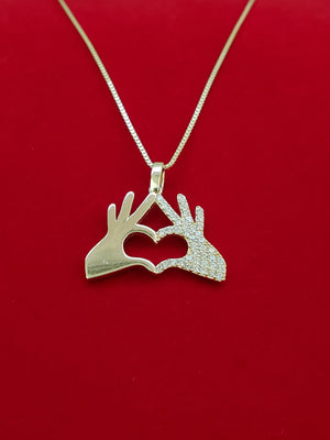 10K Solid Real Yellow Gold Cz Heart in Hands Pendant Charm with Box Chain