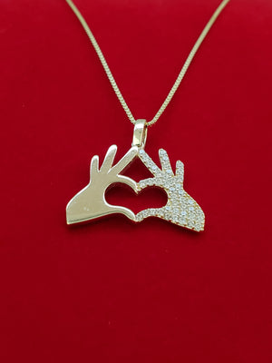 10K Solid Real Yellow Gold Cz Heart in Hands Pendant Charm with Box Chain
