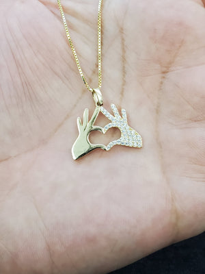 10K Solid Real Yellow Gold Cz Heart in Hands Pendant Charm with Box Chain