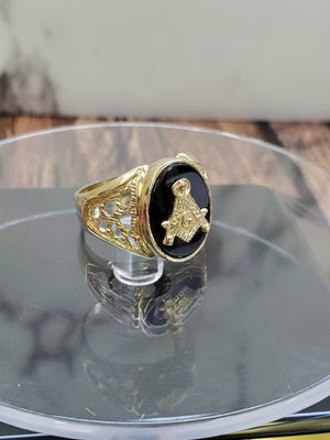 10K Solid Yellow Gold B/ONYX Oval Masonic Men's Ring