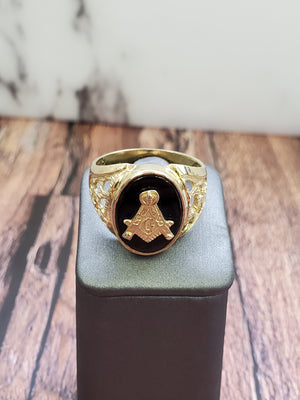 10K Solid Yellow Gold B/ONYX Oval Masonic Men's Ring