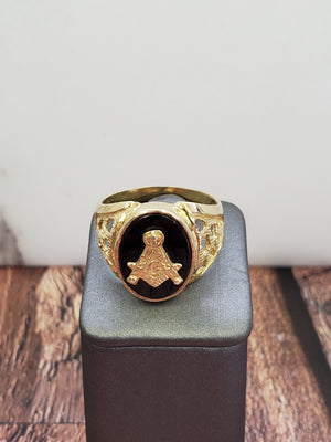 10K Solid Yellow Gold B/ONYX Oval Masonic Men's Ring