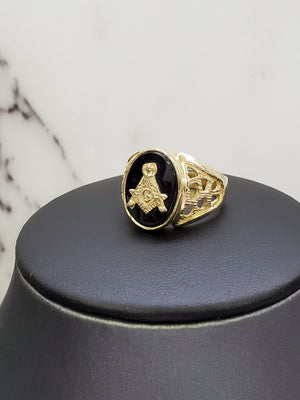 10K Solid Yellow Gold B/ONYX Oval Masonic Men's Ring