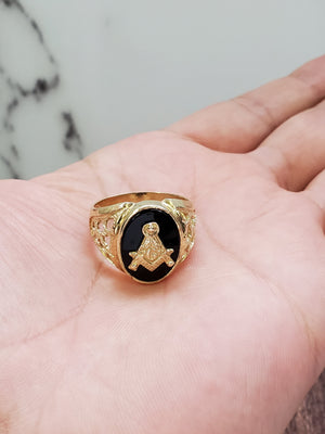 10K Solid Yellow Gold B/ONYX Oval Masonic Men's Ring