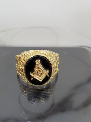 10K Solid Yellow Gold Oval B/ONYX Masonic Men's Ring