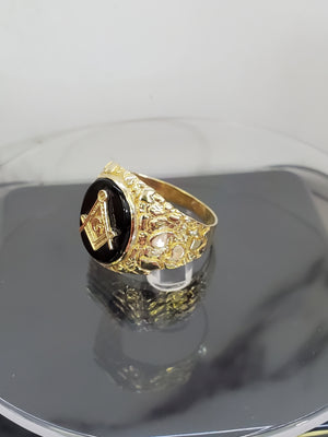10K Solid Yellow Gold Oval B/ONYX Masonic Men's Ring