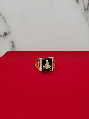 10K Solid Yellow Gold Square Black Onyx Masonic Men's Ring