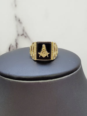 10K Solid Yellow Gold Square Black Onyx Masonic Men's Ring