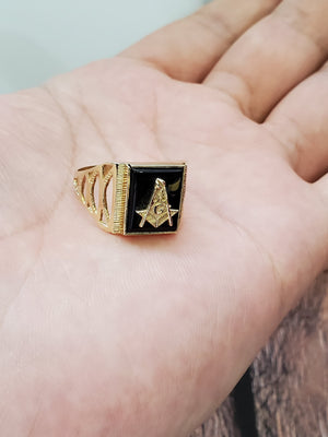 10K Solid Yellow Gold Square Black Onyx Masonic Men's Ring