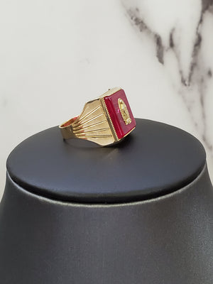 10K Solid Yellow Gold Square Red Stone W/Emblum Men's Ring