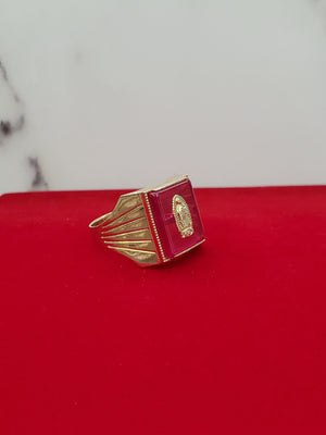 10K Solid Yellow Gold Square Red Stone W/Emblum Men's Ring