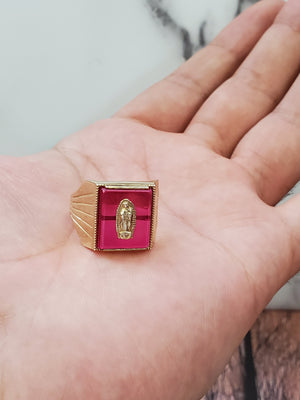10K Solid Yellow Gold Square Red Stone W/Emblum Men's Ring