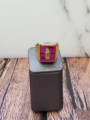 10K Solid Yellow Gold Square Red Stone W/Emblum Men's Ring