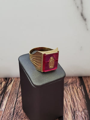 10K Solid Yellow Gold Square Red Stone W/Emblum Men's Ring