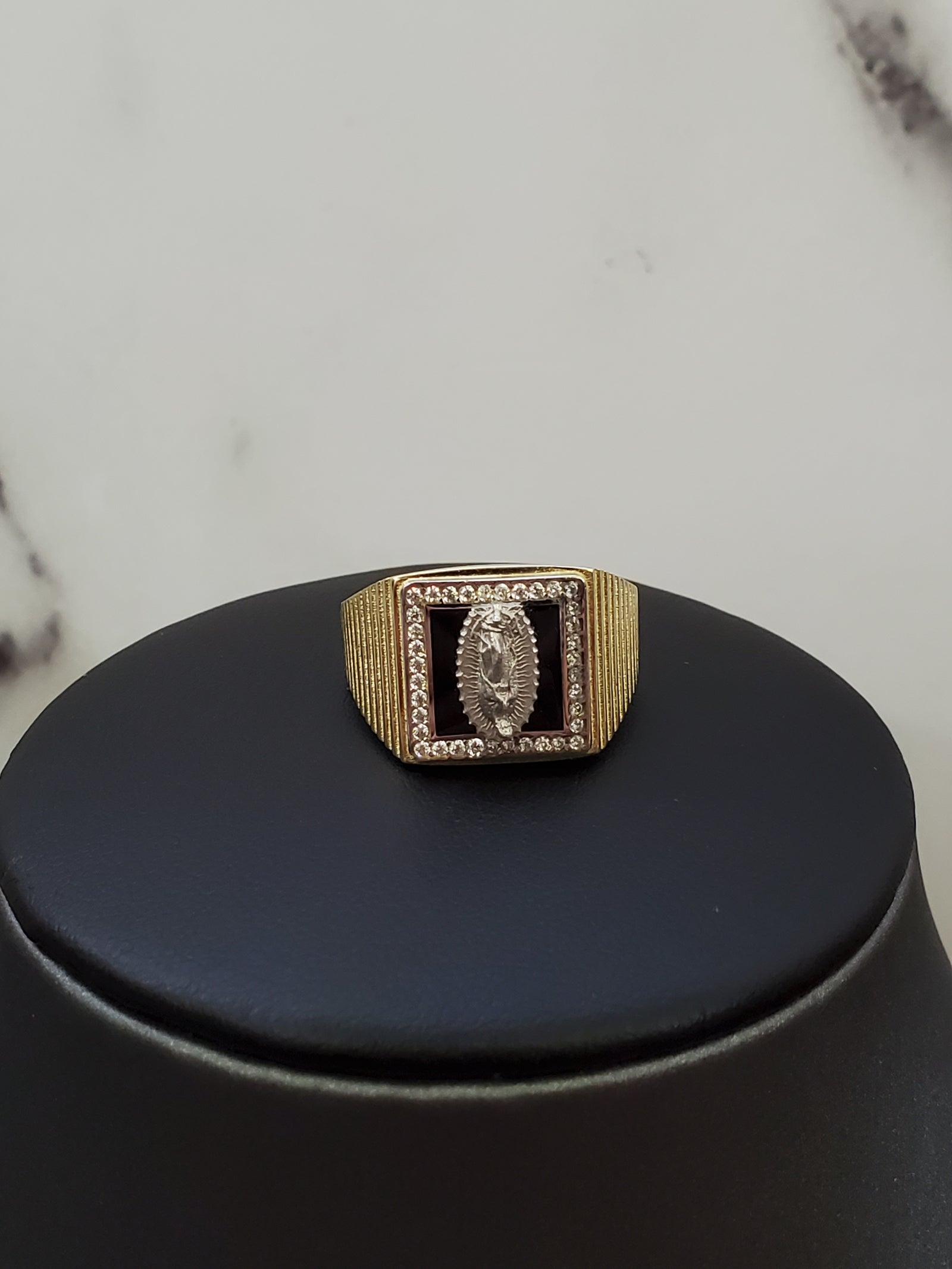 10K Solid Yellow Gold CZ Square B/Onyx Mother Mary Men's Ring