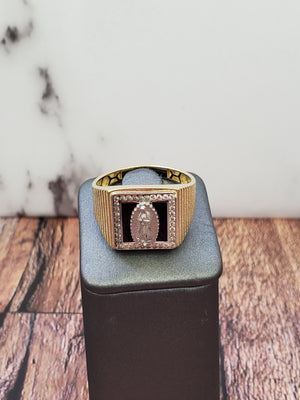 10K Solid Yellow Gold CZ Square B/Onyx Mother Mary Men's Ring