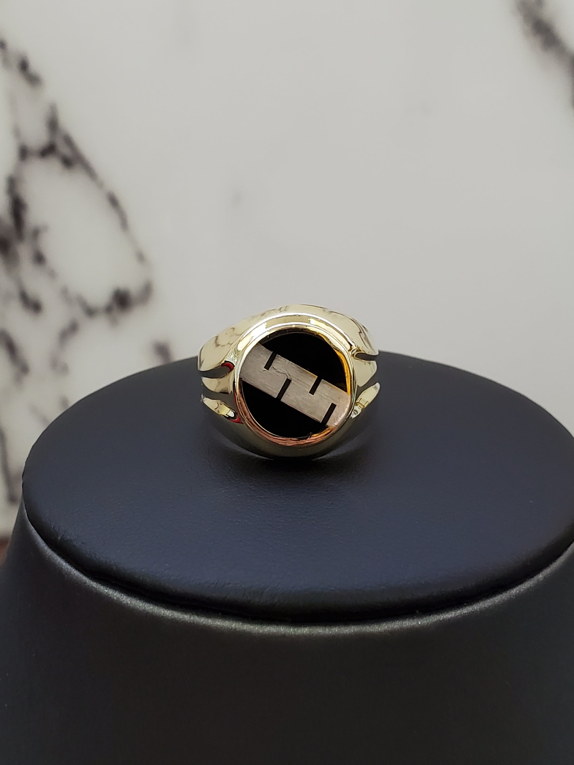 10K Solid Yellow Gold Round Fancy Black Onyx Men's Ring