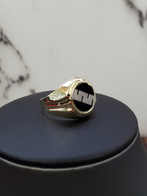 10K Solid Yellow Gold Round Fancy Black Onyx Men's Ring