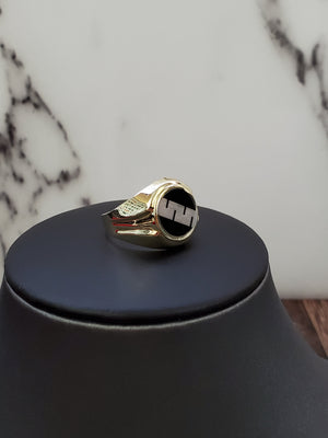 10K Solid Yellow Gold Round Fancy Black Onyx Men's Ring