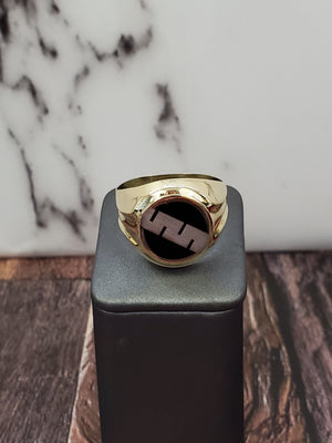 10K Solid Yellow Gold Round Fancy Black Onyx Men's Ring