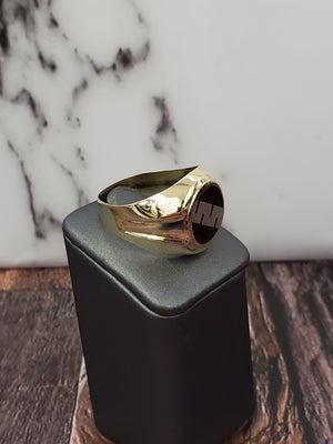 10K Solid Yellow Gold Round Fancy Black Onyx Men's Ring