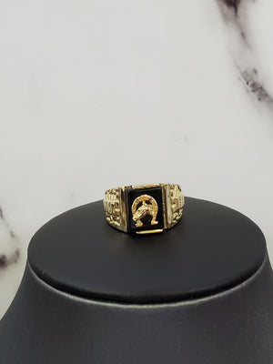 10K Solid Yellow Gold Square Onyx Horseshoe Men's Ring