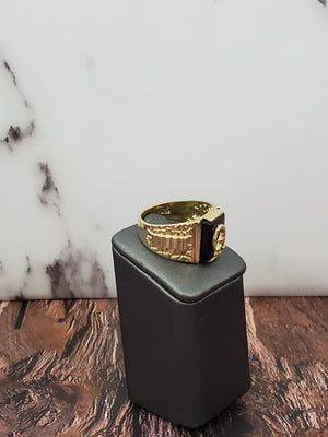 10K Solid Yellow Gold Square Onyx Horseshoe Men's Ring