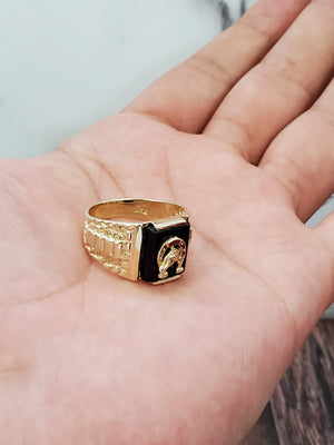 10K Solid Yellow Gold Square Onyx Horseshoe Men's Ring