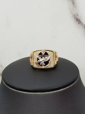 10K Solid Tri Color Gold Cz Black Eagle CRS Men's Ring