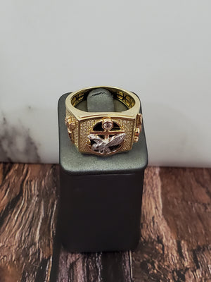 10K Solid Tri Color Gold Cz Black Eagle CRS Men's Ring