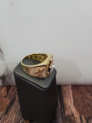 10K Solid Tri Color Gold Cz Black Eagle CRS Men's Ring