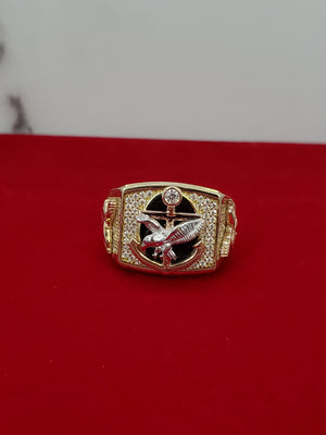 10K Solid Tri Color Gold Cz Black Eagle CRS Men's Ring