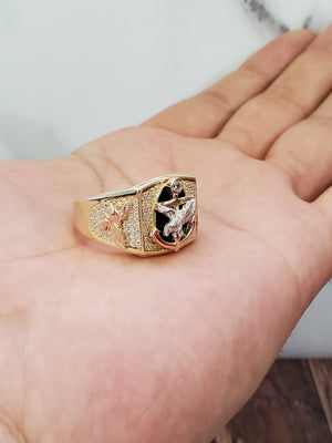 10K Solid Tri Color Gold Cz Black Eagle CRS Men's Ring