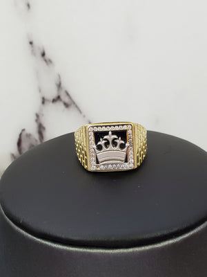 10K Solid Yellow Gold Black Onyx Square Crown Cz Men's Ring