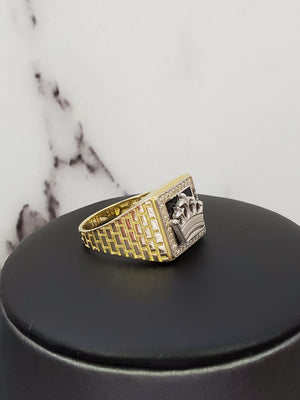 10K Solid Yellow Gold Black Onyx Square Crown Cz Men's Ring
