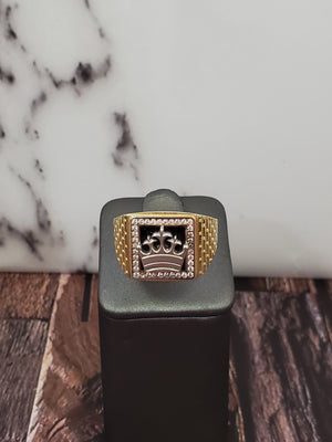 10K Solid Yellow Gold Black Onyx Square Crown Cz Men's Ring