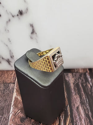 10K Solid Yellow Gold Black Onyx Square Crown Cz Men's Ring