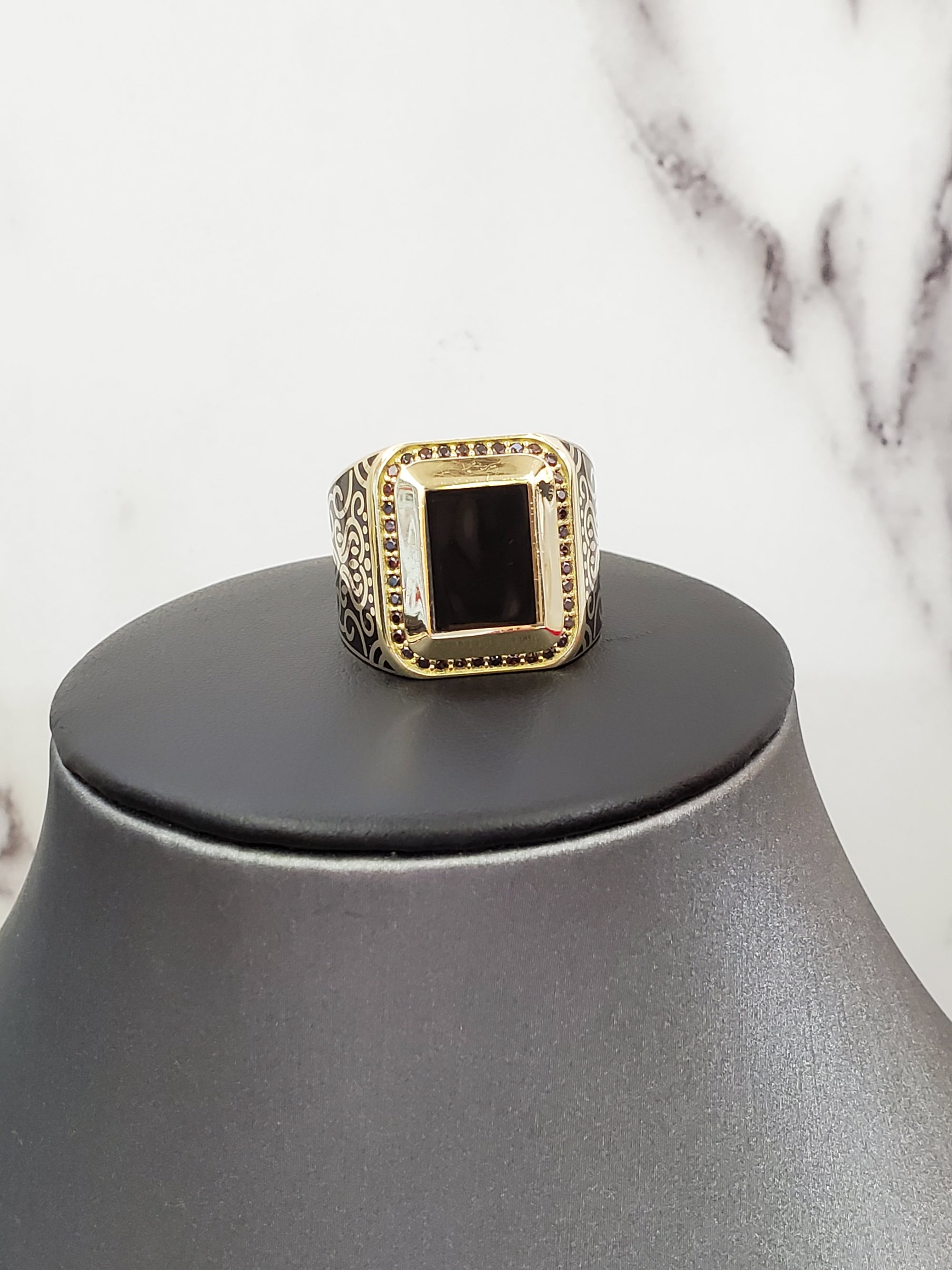 10K Solid Yellow Gold Square Black Onyx Enamel Black Cz Men's Ring