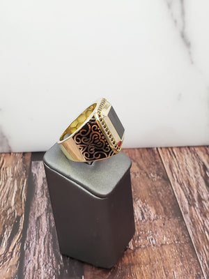 10K Solid Yellow Gold Square Black Onyx Enamel Black Cz Men's Ring