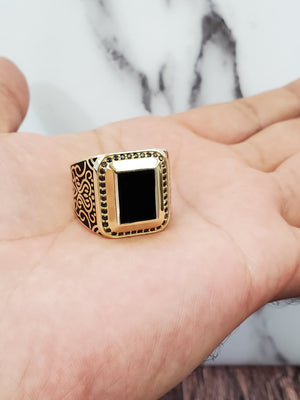 10K Solid Yellow Gold Square Black Onyx Enamel Black Cz Men's Ring