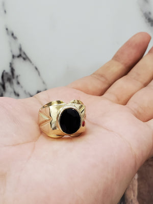 10K Solid Yellow Gold Black Oval Onyx Men's Ring
