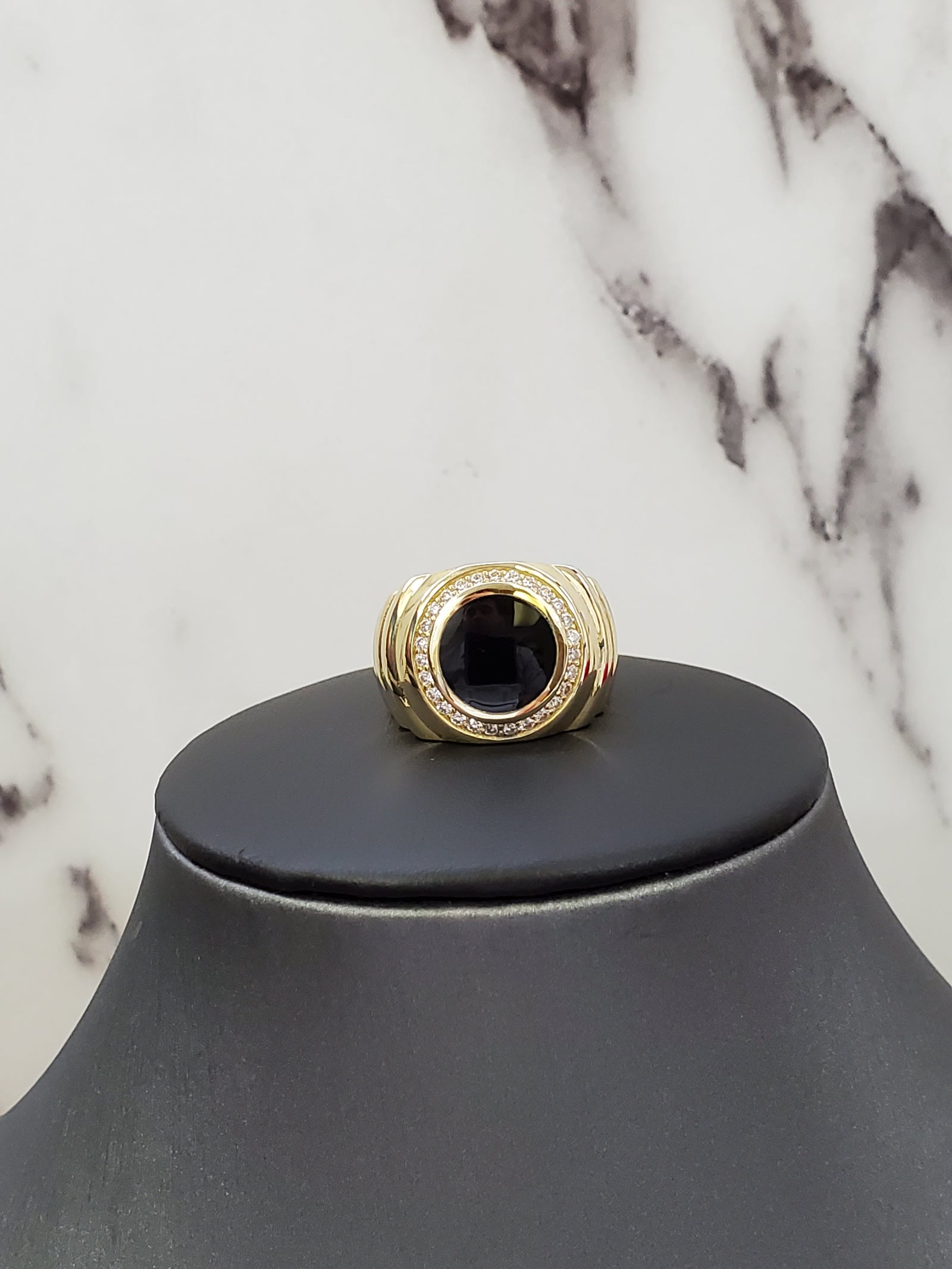10K Solid Yellow Gold CZ Round Black Onyx Style Men's Ring