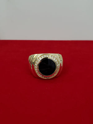 10K Solid Yellow Gold CZ Round Black Onyx Rolex Style Men's Ring
